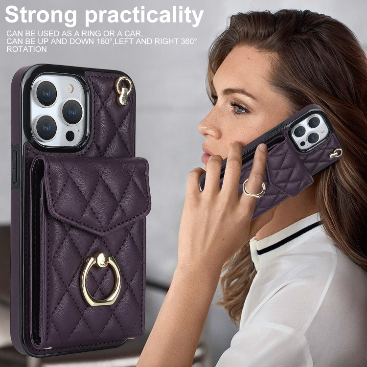 For iPhone 12 / 12 Pro Rhombic Texture Card Bag Phone Case with Long Lanyard(Dark Purple) - iPhone 12 / 12 Pro Cases by buy2fix | Online Shopping UK | buy2fix
