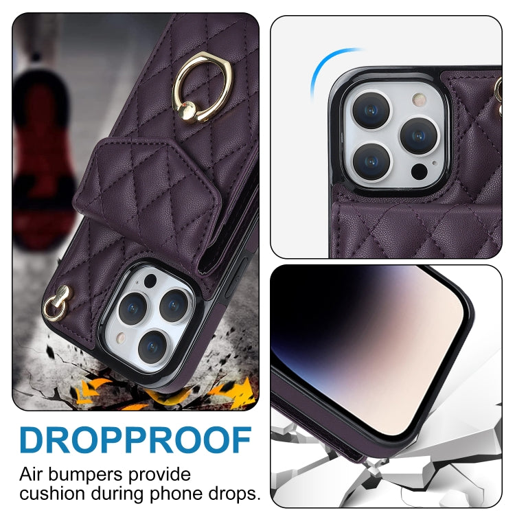 For iPhone 12 / 12 Pro Rhombic Texture Card Bag Phone Case with Long Lanyard(Dark Purple) - iPhone 12 / 12 Pro Cases by buy2fix | Online Shopping UK | buy2fix