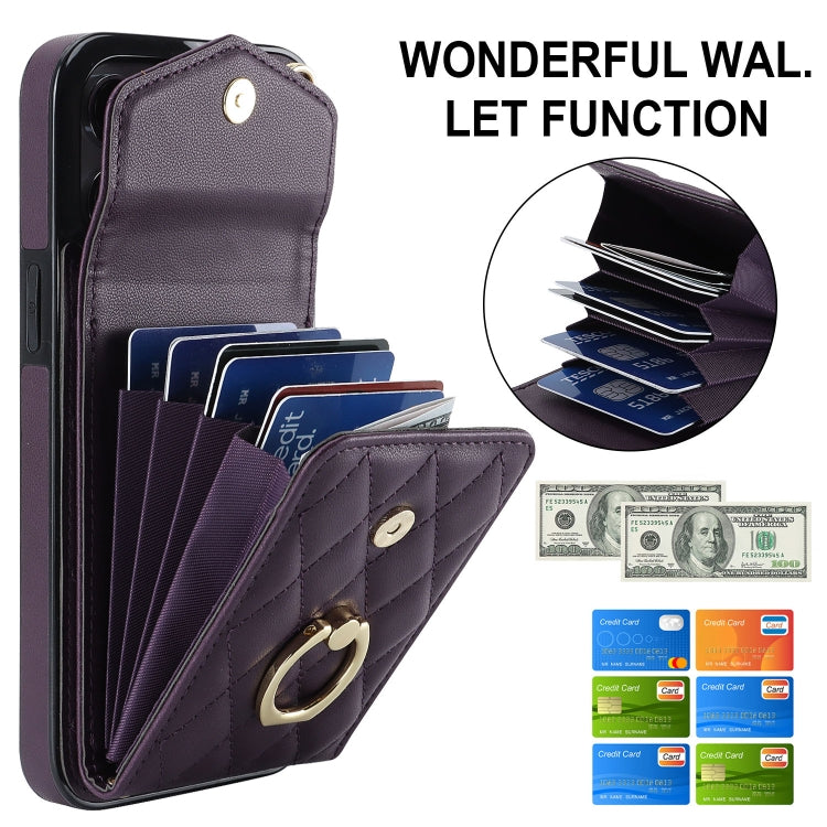 For iPhone 12 / 12 Pro Rhombic Texture Card Bag Phone Case with Long Lanyard(Dark Purple) - iPhone 12 / 12 Pro Cases by buy2fix | Online Shopping UK | buy2fix