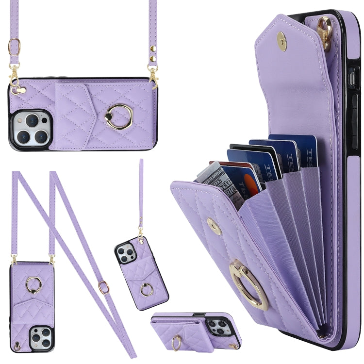 For iPhone 12 / 12 Pro Rhombic Texture Card Bag Phone Case with Long Lanyard(Light Purple) - iPhone 12 / 12 Pro Cases by buy2fix | Online Shopping UK | buy2fix