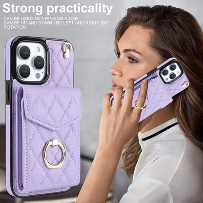 For iPhone 12 / 12 Pro Rhombic Texture Card Bag Phone Case with Long Lanyard(Light Purple) - iPhone 12 / 12 Pro Cases by buy2fix | Online Shopping UK | buy2fix
