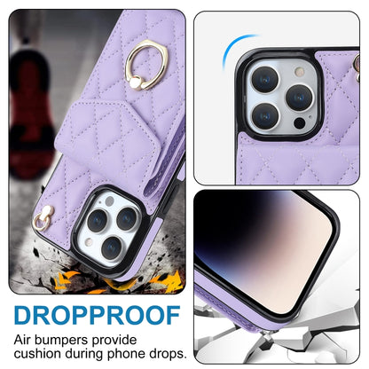 For iPhone 12 / 12 Pro Rhombic Texture Card Bag Phone Case with Long Lanyard(Light Purple) - iPhone 12 / 12 Pro Cases by buy2fix | Online Shopping UK | buy2fix