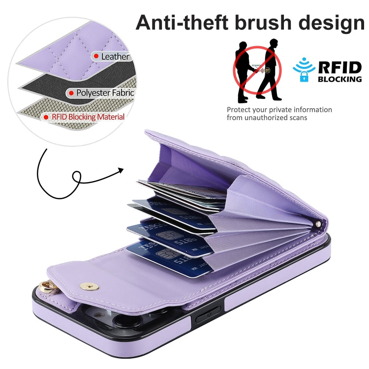 For iPhone 12 / 12 Pro Rhombic Texture Card Bag Phone Case with Long Lanyard(Light Purple) - iPhone 12 / 12 Pro Cases by buy2fix | Online Shopping UK | buy2fix