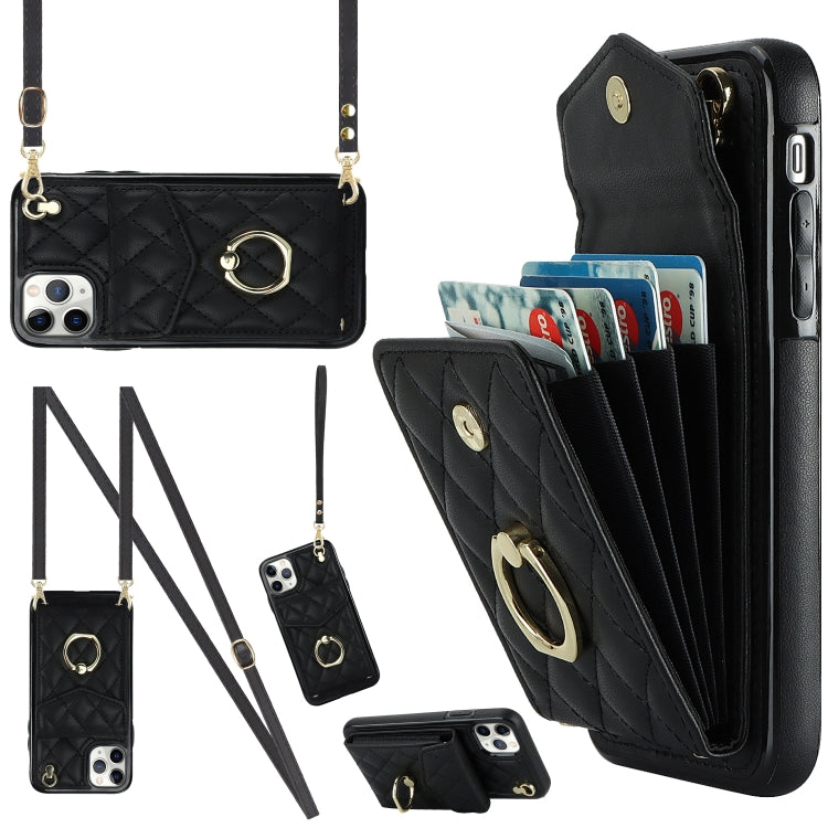 For iPhone 11 Pro Max Rhombic Texture Card Bag Phone Case with Long Lanyard(Black) - iPhone 11 Pro Max Cases by buy2fix | Online Shopping UK | buy2fix