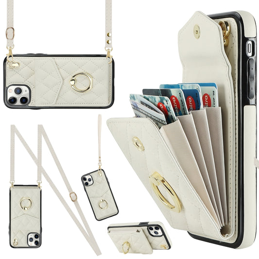 For iPhone 11 Pro Max Rhombic Texture Card Bag Phone Case with Long Lanyard(White) - iPhone 11 Pro Max Cases by buy2fix | Online Shopping UK | buy2fix