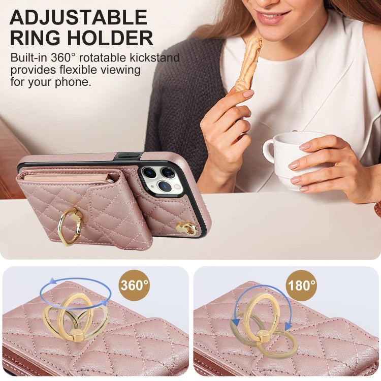 For iPhone 11 Pro Max Rhombic Texture Card Bag Phone Case with Long Lanyard(Rose Gold) - iPhone 11 Pro Max Cases by buy2fix | Online Shopping UK | buy2fix