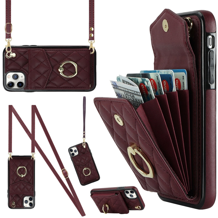 For iPhone 11 Pro Max Rhombic Texture Card Bag Phone Case with Long Lanyard(Wine Red) - iPhone 11 Pro Max Cases by buy2fix | Online Shopping UK | buy2fix