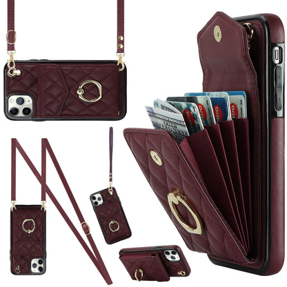 For iPhone 11 Pro Max Rhombic Texture Card Bag Phone Case with Long Lanyard(Wine Red) - iPhone 11 Pro Max Cases by buy2fix | Online Shopping UK | buy2fix