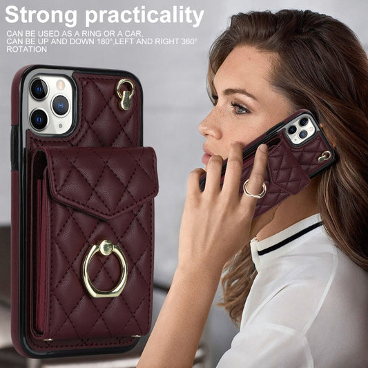 For iPhone 11 Pro Max Rhombic Texture Card Bag Phone Case with Long Lanyard(Wine Red) - iPhone 11 Pro Max Cases by buy2fix | Online Shopping UK | buy2fix