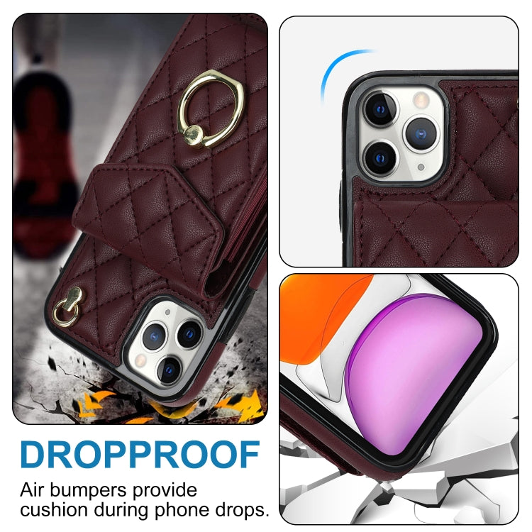 For iPhone 11 Pro Max Rhombic Texture Card Bag Phone Case with Long Lanyard(Wine Red) - iPhone 11 Pro Max Cases by buy2fix | Online Shopping UK | buy2fix
