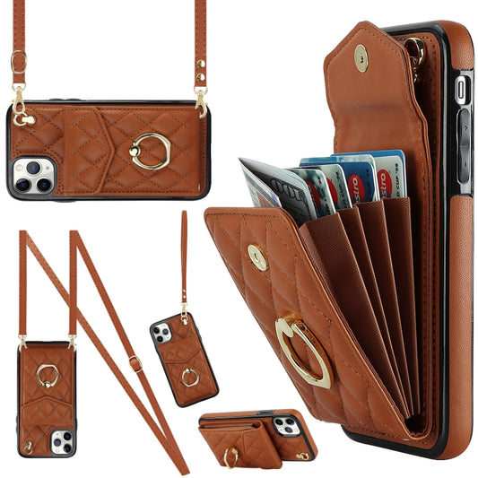 For iPhone 11 Pro Max Rhombic Texture Card Bag Phone Case with Long Lanyard(Brown) - iPhone 11 Pro Max Cases by buy2fix | Online Shopping UK | buy2fix