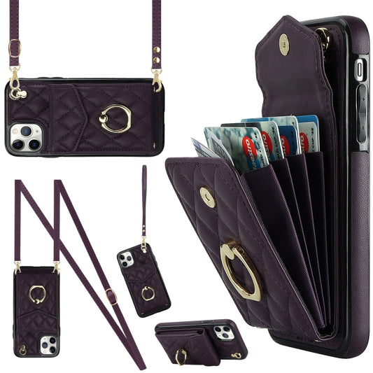 For iPhone 11 Pro Max Rhombic Texture Card Bag Phone Case with Long Lanyard(Dark Purple) - iPhone 11 Pro Max Cases by buy2fix | Online Shopping UK | buy2fix