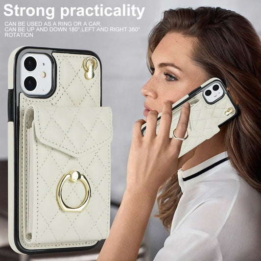 For iPhone 11 Rhombic Texture Card Bag Phone Case with Long Lanyard(White) - iPhone 11 Cases by buy2fix | Online Shopping UK | buy2fix