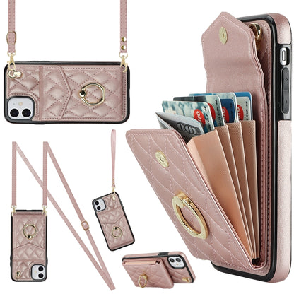For iPhone 11 Rhombic Texture Card Bag Phone Case with Long Lanyard(Rose Gold) - iPhone 11 Cases by buy2fix | Online Shopping UK | buy2fix