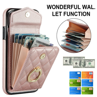For iPhone 11 Rhombic Texture Card Bag Phone Case with Long Lanyard(Rose Gold) - iPhone 11 Cases by buy2fix | Online Shopping UK | buy2fix
