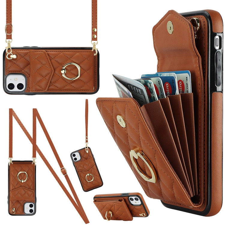 For iPhone 11 Rhombic Texture Card Bag Phone Case with Long Lanyard(Brown) - iPhone 11 Cases by buy2fix | Online Shopping UK | buy2fix