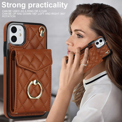 For iPhone 11 Rhombic Texture Card Bag Phone Case with Long Lanyard(Brown) - iPhone 11 Cases by buy2fix | Online Shopping UK | buy2fix