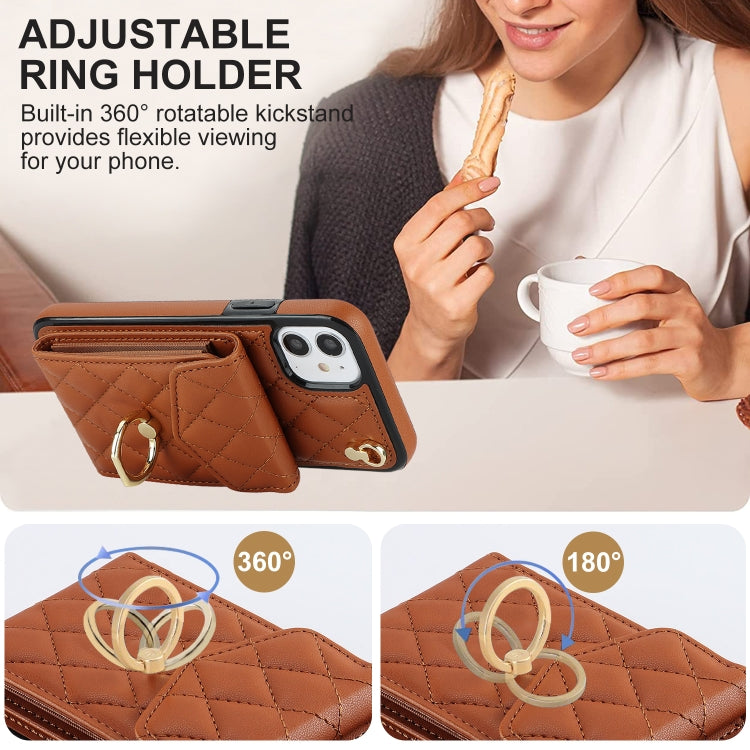 For iPhone 11 Rhombic Texture Card Bag Phone Case with Long Lanyard(Brown) - iPhone 11 Cases by buy2fix | Online Shopping UK | buy2fix