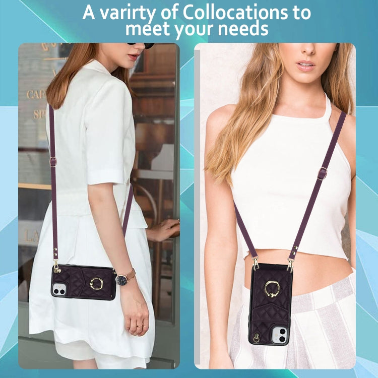 For iPhone 11 Rhombic Texture Card Bag Phone Case with Long Lanyard(Dark Purple) - iPhone 11 Cases by buy2fix | Online Shopping UK | buy2fix