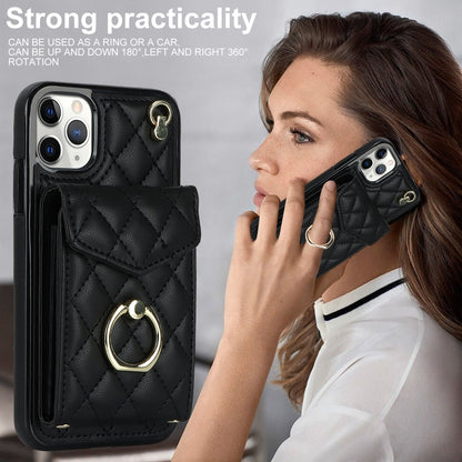 For iPhone 11 Pro Rhombic Texture Card Bag Phone Case with Long Lanyard(Black) - iPhone 11 Pro Cases by buy2fix | Online Shopping UK | buy2fix