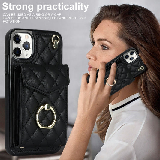 For iPhone 11 Pro Rhombic Texture Card Bag Phone Case with Long Lanyard(Black) - iPhone 11 Pro Cases by buy2fix | Online Shopping UK | buy2fix