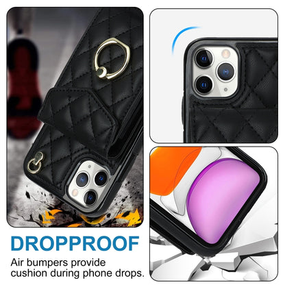 For iPhone 11 Pro Rhombic Texture Card Bag Phone Case with Long Lanyard(Black) - iPhone 11 Pro Cases by buy2fix | Online Shopping UK | buy2fix