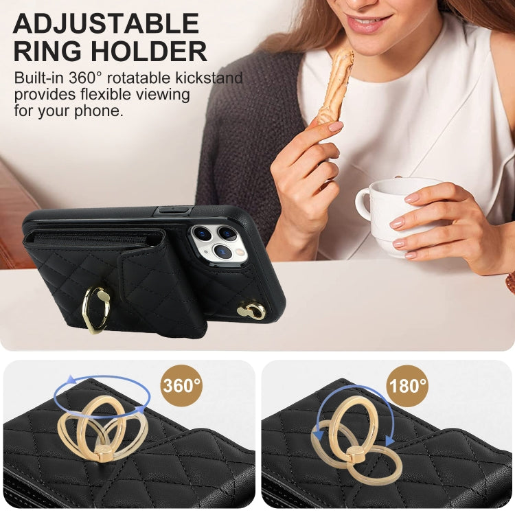 For iPhone 11 Pro Rhombic Texture Card Bag Phone Case with Long Lanyard(Black) - iPhone 11 Pro Cases by buy2fix | Online Shopping UK | buy2fix