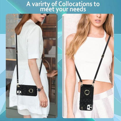 For iPhone 11 Pro Rhombic Texture Card Bag Phone Case with Long Lanyard(Black) - iPhone 11 Pro Cases by buy2fix | Online Shopping UK | buy2fix