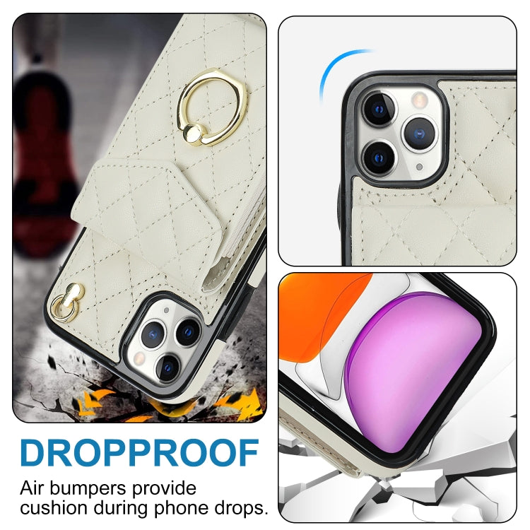 For iPhone 11 Pro Rhombic Texture Card Bag Phone Case with Long Lanyard(White) - iPhone 11 Pro Cases by buy2fix | Online Shopping UK | buy2fix