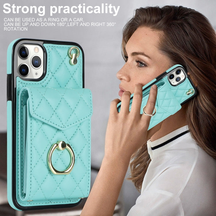 For iPhone 11 Pro Rhombic Texture Card Bag Phone Case with Long Lanyard(Mint Green) - iPhone 11 Pro Cases by buy2fix | Online Shopping UK | buy2fix