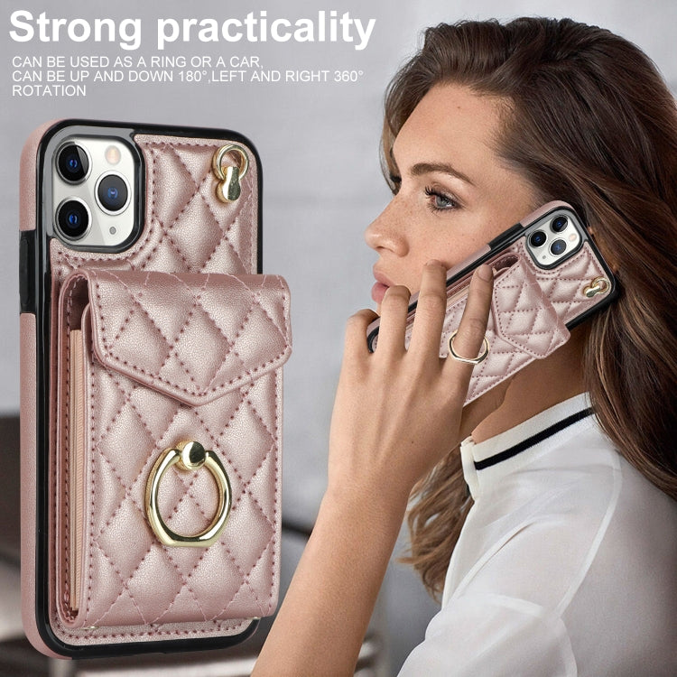 For iPhone 11 Pro Rhombic Texture Card Bag Phone Case with Long Lanyard(Rose Gold) - iPhone 11 Pro Cases by buy2fix | Online Shopping UK | buy2fix