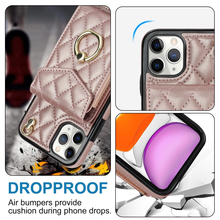 For iPhone 11 Pro Rhombic Texture Card Bag Phone Case with Long Lanyard(Rose Gold) - iPhone 11 Pro Cases by buy2fix | Online Shopping UK | buy2fix
