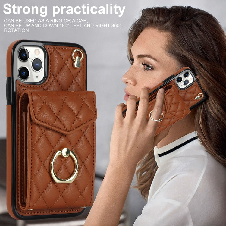 For iPhone 11 Pro Rhombic Texture Card Bag Phone Case with Long Lanyard(Brown) - iPhone 11 Pro Cases by buy2fix | Online Shopping UK | buy2fix