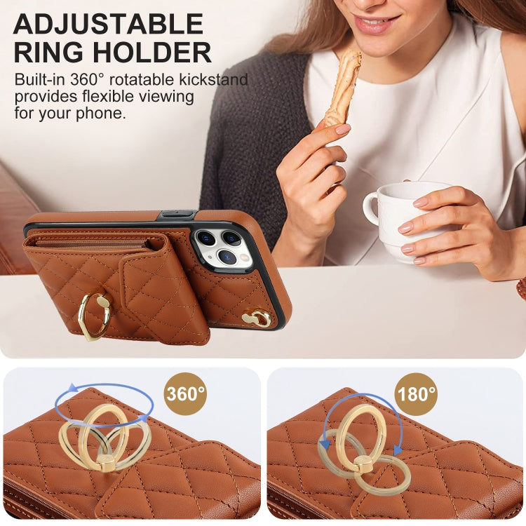 For iPhone 11 Pro Rhombic Texture Card Bag Phone Case with Long Lanyard(Brown) - iPhone 11 Pro Cases by buy2fix | Online Shopping UK | buy2fix