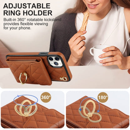 For iPhone 11 Pro Rhombic Texture Card Bag Phone Case with Long Lanyard(Brown) - iPhone 11 Pro Cases by buy2fix | Online Shopping UK | buy2fix