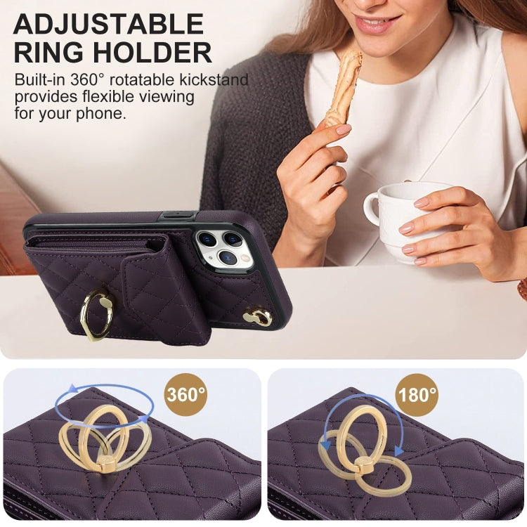 For iPhone 11 Pro Rhombic Texture Card Bag Phone Case with Long Lanyard(Dark Purple) - iPhone 11 Pro Cases by buy2fix | Online Shopping UK | buy2fix