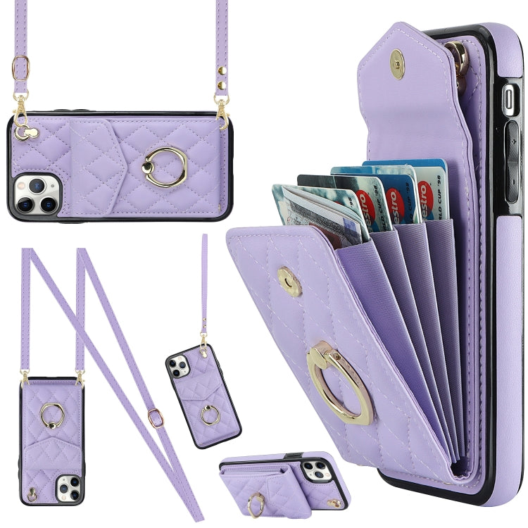 For iPhone 11 Pro Rhombic Texture Card Bag Phone Case with Long Lanyard(Light Purple) - iPhone 11 Pro Cases by buy2fix | Online Shopping UK | buy2fix