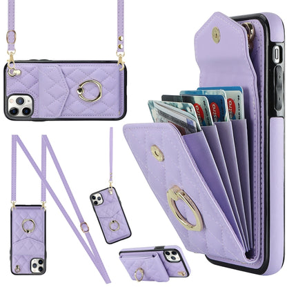 For iPhone 11 Pro Rhombic Texture Card Bag Phone Case with Long Lanyard(Light Purple) - iPhone 11 Pro Cases by buy2fix | Online Shopping UK | buy2fix