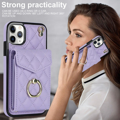 For iPhone 11 Pro Rhombic Texture Card Bag Phone Case with Long Lanyard(Light Purple) - iPhone 11 Pro Cases by buy2fix | Online Shopping UK | buy2fix