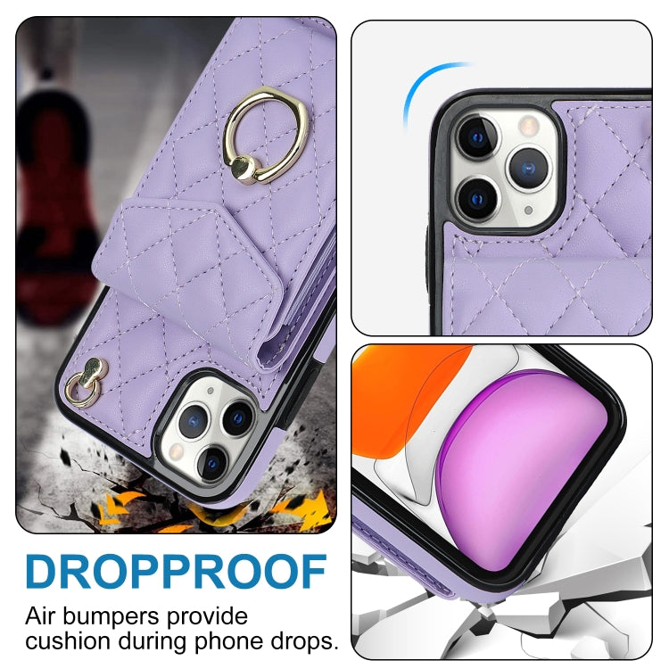 For iPhone 11 Pro Rhombic Texture Card Bag Phone Case with Long Lanyard(Light Purple) - iPhone 11 Pro Cases by buy2fix | Online Shopping UK | buy2fix