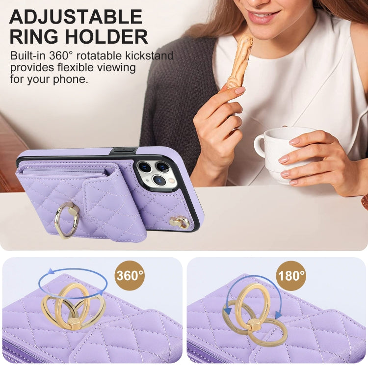 For iPhone 11 Pro Rhombic Texture Card Bag Phone Case with Long Lanyard(Light Purple) - iPhone 11 Pro Cases by buy2fix | Online Shopping UK | buy2fix