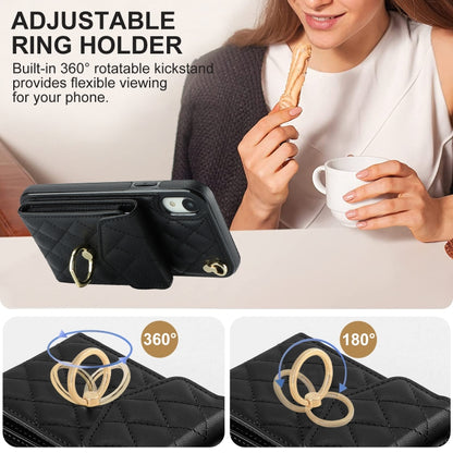 For iPhone XR Rhombic Texture Card Bag Phone Case with Long Lanyard(Black) - More iPhone Cases by buy2fix | Online Shopping UK | buy2fix