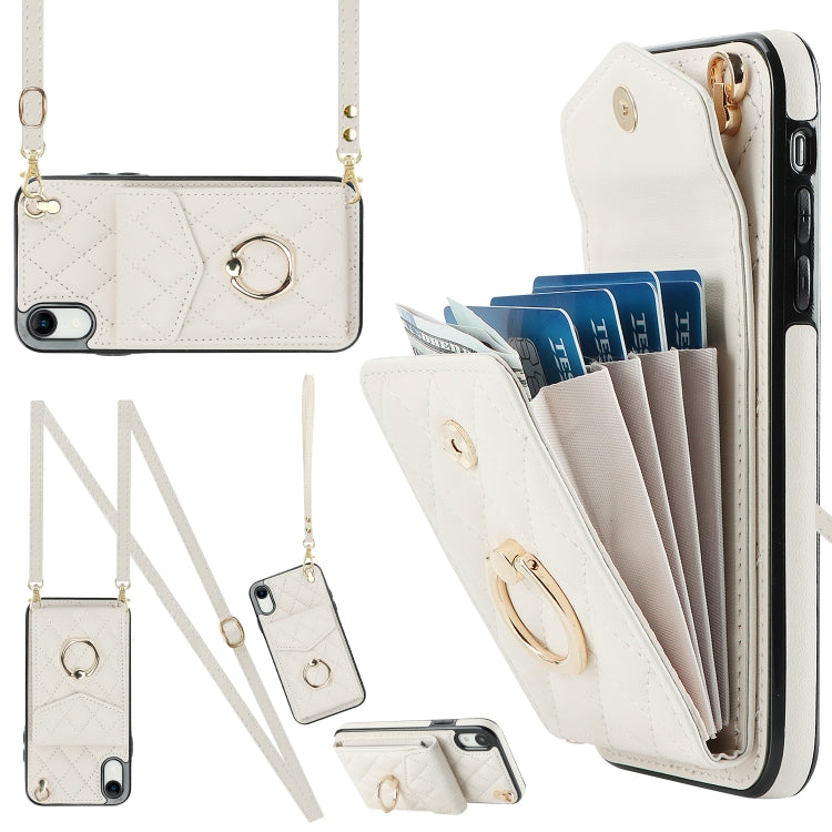 For iPhone XR Rhombic Texture Card Bag Phone Case with Long Lanyard(White) - More iPhone Cases by buy2fix | Online Shopping UK | buy2fix