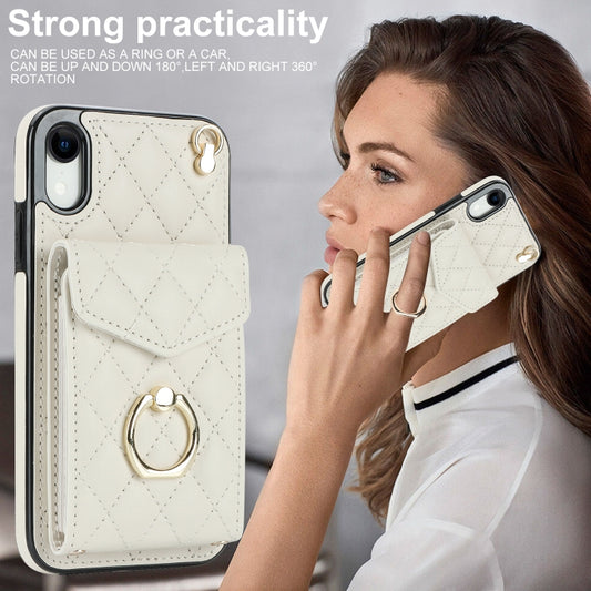 For iPhone XR Rhombic Texture Card Bag Phone Case with Long Lanyard(White) - More iPhone Cases by buy2fix | Online Shopping UK | buy2fix