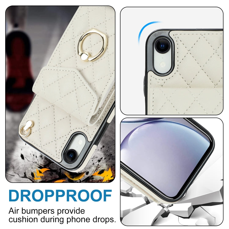 For iPhone XR Rhombic Texture Card Bag Phone Case with Long Lanyard(White) - More iPhone Cases by buy2fix | Online Shopping UK | buy2fix