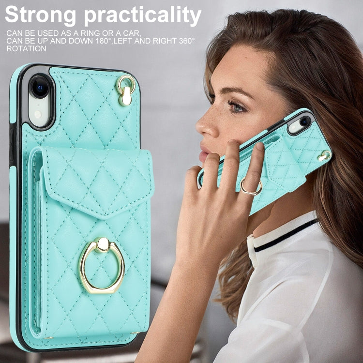 For iPhone XR Rhombic Texture Card Bag Phone Case with Long Lanyard(Mint Green) - More iPhone Cases by buy2fix | Online Shopping UK | buy2fix