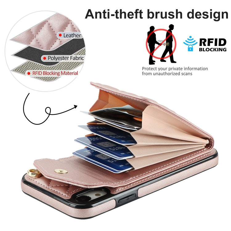 For iPhone XR Rhombic Texture Card Bag Phone Case with Long Lanyard(Rose Gold) - More iPhone Cases by buy2fix | Online Shopping UK | buy2fix