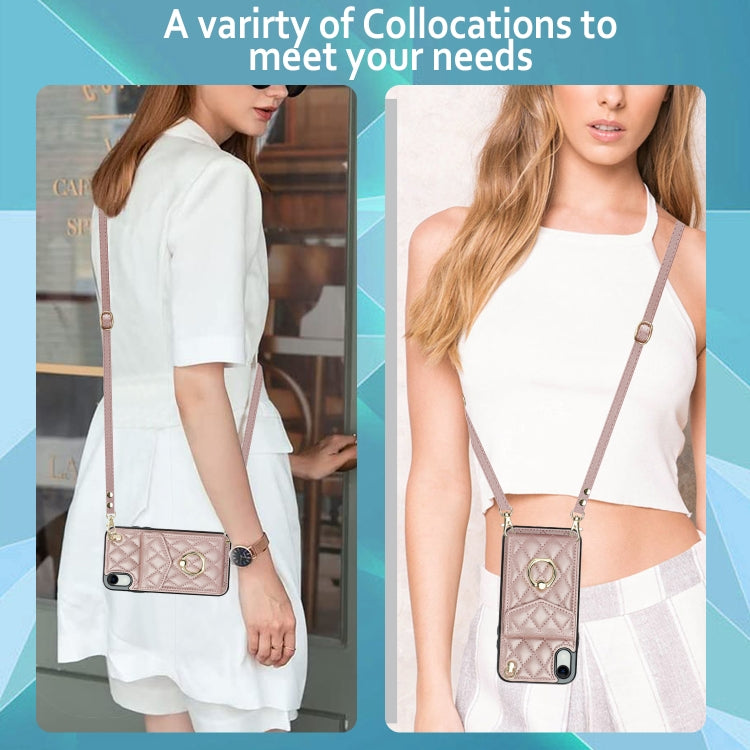 For iPhone XR Rhombic Texture Card Bag Phone Case with Long Lanyard(Rose Gold) - More iPhone Cases by buy2fix | Online Shopping UK | buy2fix