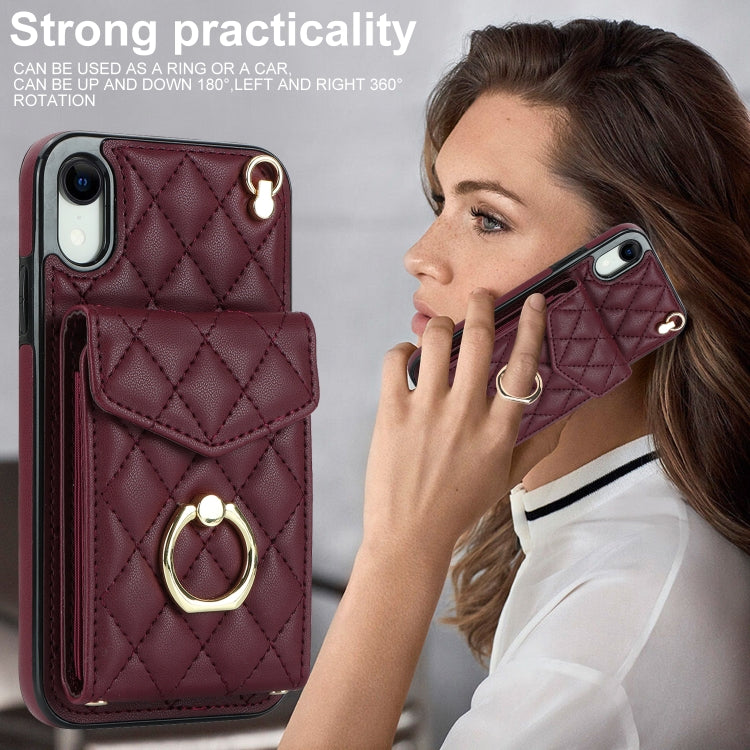 For iPhone XR Rhombic Texture Card Bag Phone Case with Long Lanyard(Wine Red) - More iPhone Cases by buy2fix | Online Shopping UK | buy2fix