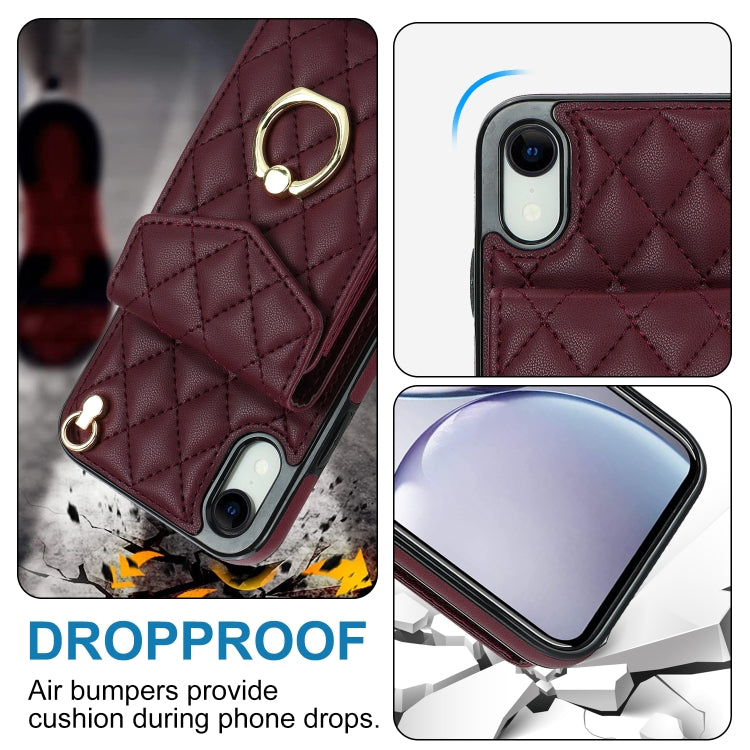 For iPhone XR Rhombic Texture Card Bag Phone Case with Long Lanyard(Wine Red) - More iPhone Cases by buy2fix | Online Shopping UK | buy2fix
